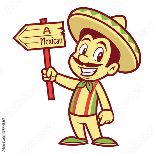 Joyful Mexican Man Holding Directional Sign Pointing Towards Mexican Cuisine