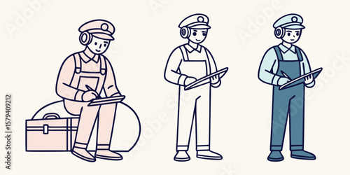 Pilot with headphones writing on clipboard uniform