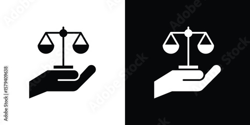 Justice scales in Hand icon vector glyph pack. Black silhouette icons.