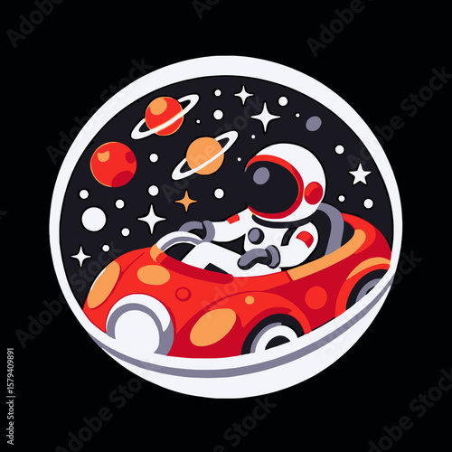 Astronaut Adventures-Whimsical space travel illustration-Cartoon astronaut driving a red car in space-Planets stars and cosmic fun-Explore the universe in style
