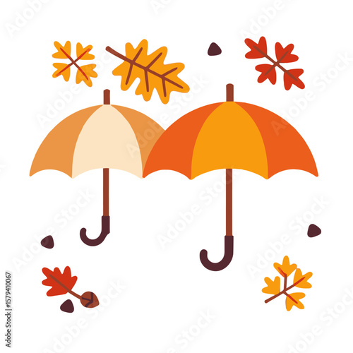 Autumn Umbrellas and Leaves-Seasonal Vector Illustration-Fall Weather Design with Colorful Leaves-Perfect for Thanksgiving and Autumn themed projects-Cozy Fall Vibes