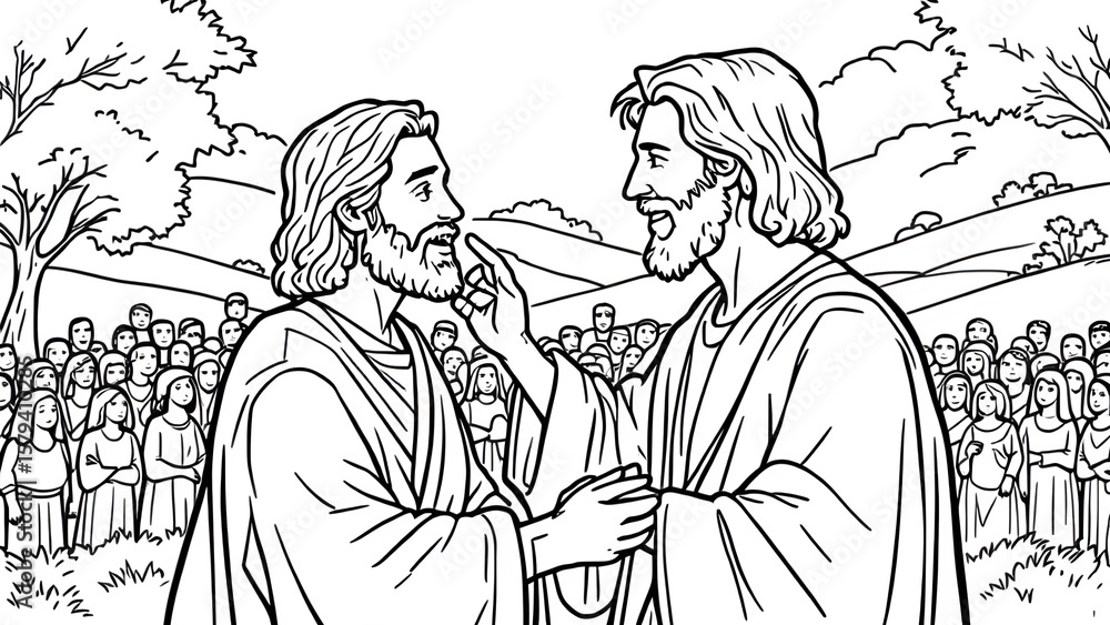 Obraz premium Jesus Confronts Pilate (line art), isolated on white background