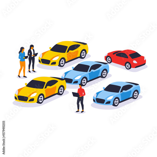 Car Dealership-Selection of New Cars-Buyers and Sales Team-Yellow-Blue-Red Sport Cars-Isometric View-Ideal Car Shopping-Compare Car Models-Purchase Vehicle