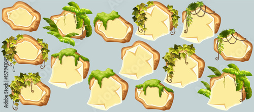 Wooden signboards with old paper, stems ivy, liana, grapes, vine, swamp moss, forest lichen. Set blank invitations, maps, jungle plants. 3d elements for messages, banners, notebooks, mobile games.