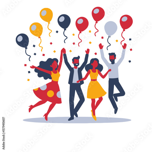 Celebrating Success-Group of Friends Cheering Under Balloons-Joyful Party Scene-Happy People Celebrating Together-Festive Celebration with Colorful Balloons and Confetti
