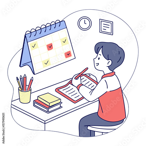 Illustration of a student studying at a desk with a calendar clock and books in a stylized setting