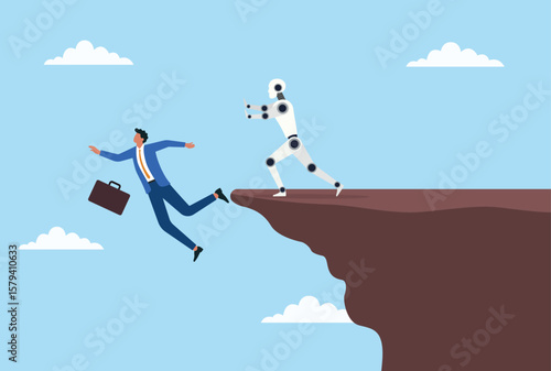 Vector illustration of a robot pushing a businessman off the top of a mountain, symbolizing the disruptive impact of ai on traditional leadership and human dominance in industry
