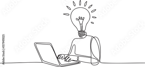 Continuous Line Art of a Person with a Lightbulb Head Working on a Laptop Demonstrating Creativity