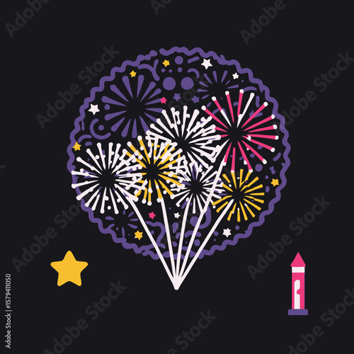 Colorful Fireworks Illustration on Black Background-Festive Celebration Design-Perfect for New Year's Eve or Holiday Greetings-Stock Vector Graphic_