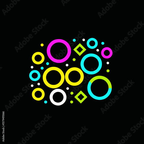 Colorful Geometric Fun-Abstract Circles and Squares on Black-Modern Graphic Design-Vibrant Neon Colors-Playful Pattern-Unique Background-Creative Art-Contemporary Style