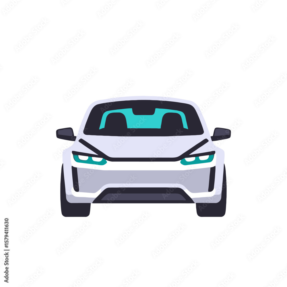 Fototapeta premium Electric Car Illustration - Modern Vehicle Design - Sustainable Transportation - White Car Front View - Automotive Icon - Clean Energy Vehicle - Car with Teal Accents