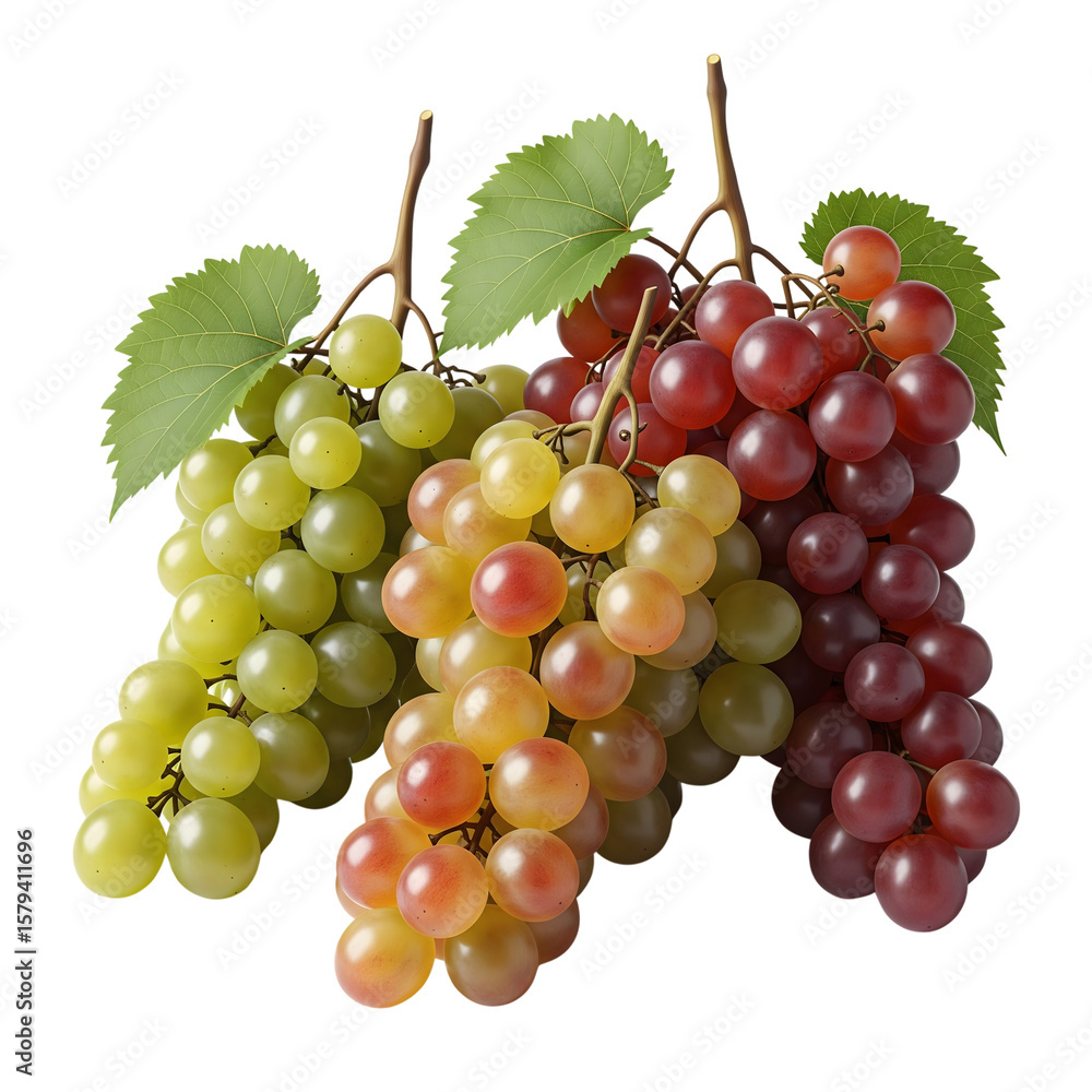 Obraz premium A vibrant trio of grape bunches in green, red, and purple hues, isolated against a white backdrop in a detailed studio shot isolated on transparent background
