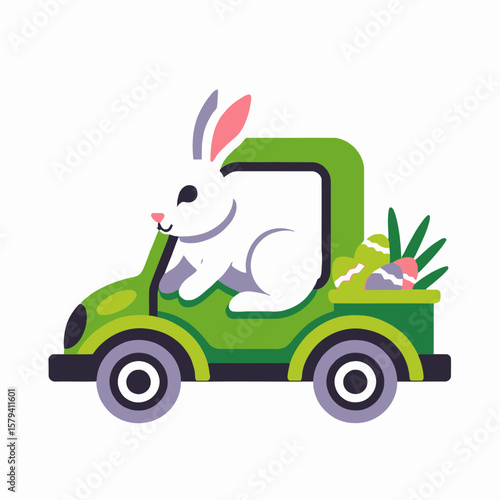 Easter Bunny in a Green Truck with Easter Eggs-Cute Cartoon Illustration-Perfect for Spring and Easter Decor-Festive Graphic Design-Holiday Themed Art