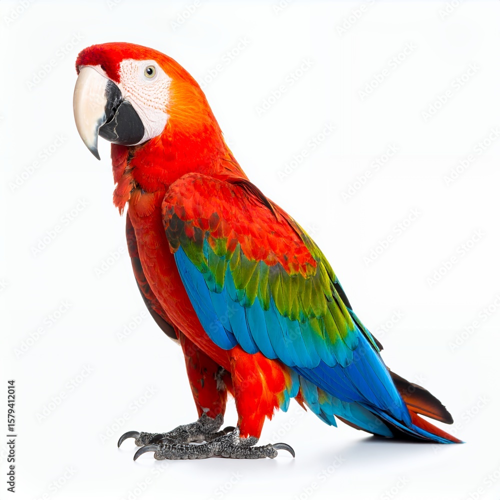 Obraz premium Vibrant macaw portrait exhibiting exquisite plumage detail, isolated on white background
