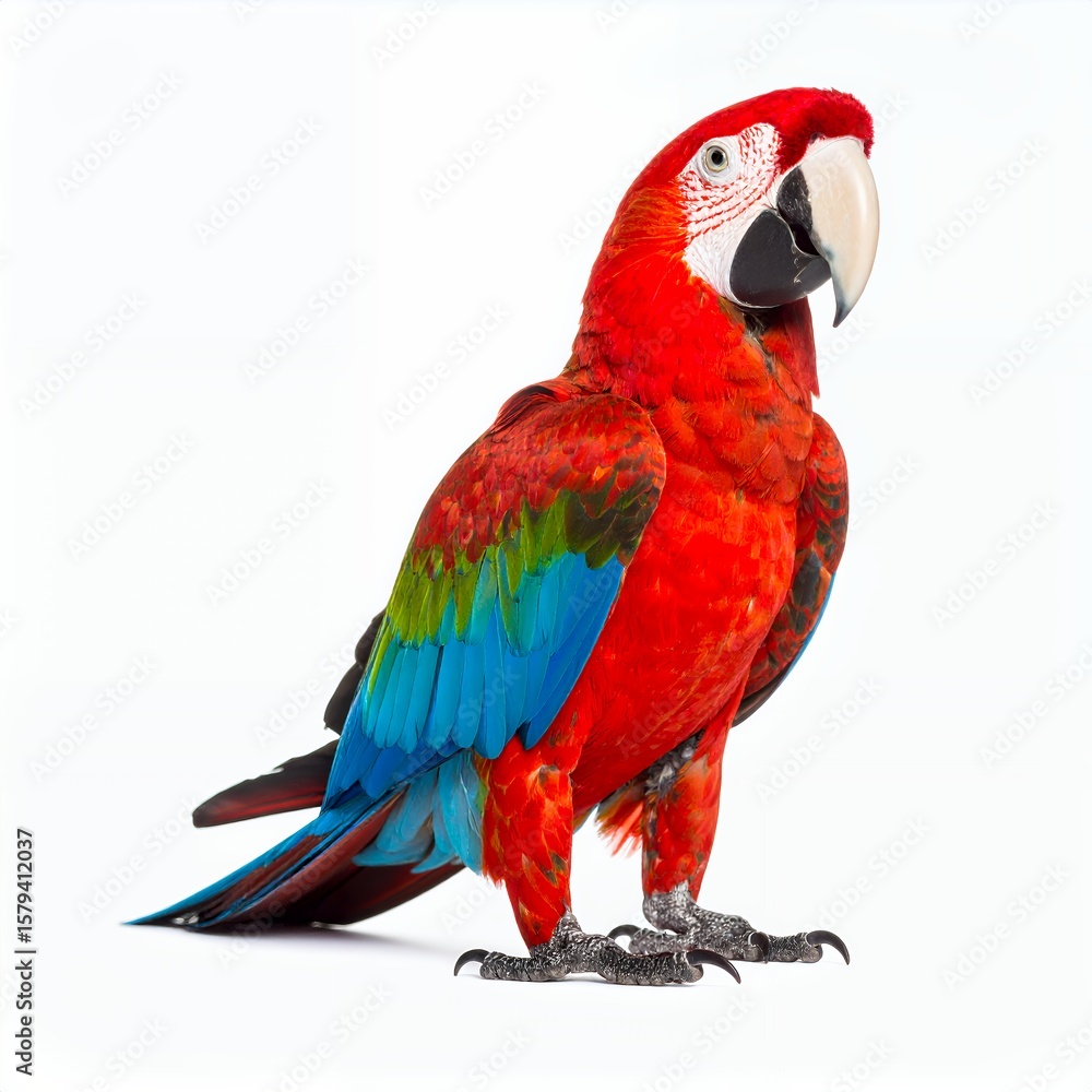 Naklejka premium Striking scarlet macaw, colorful plumage in crisp studio composition on white background