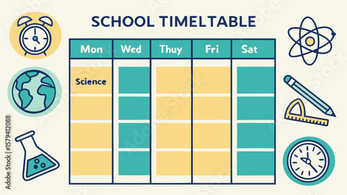 Illustration of a school timetable with days of the week and science subject with school icons around it
