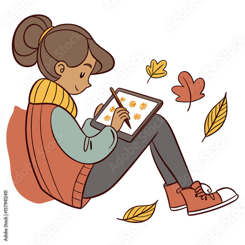 Girl with brown hair drawing autumn leaves on a tablet while sitting with falling leaves around her design