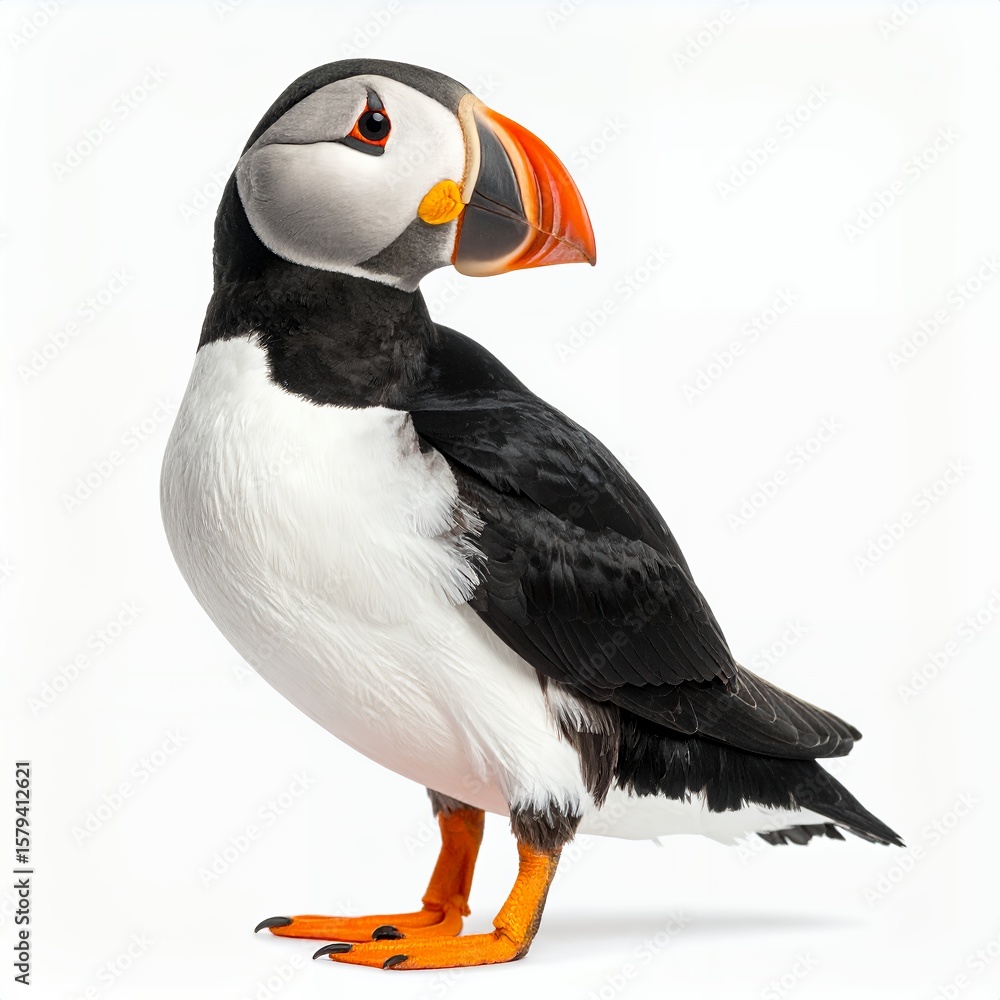 Obraz premium Charming atlantic puffin portrait showcasing its vibrant beak and plumage on white background