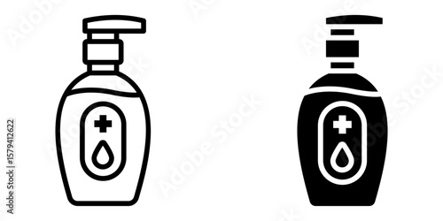Sanitizer icon set. A set of simple outline icons showing a hand sanitizer bottle with pump dispenser. The icons represent hygiene, cleanliness, and protection against germs and viruses.