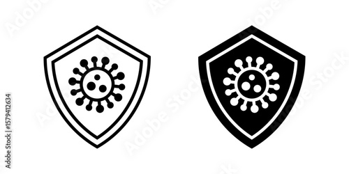 Shield icon set. Simple flat line art illustration of a virus or germ inside a shield, representing protection, defense, and healthcare. Isolated on white background.