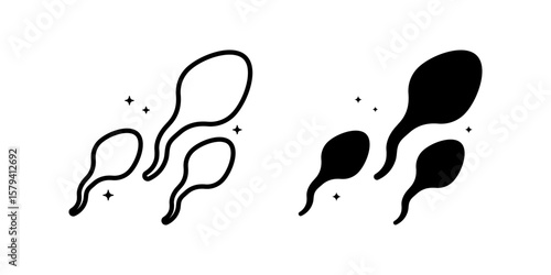 Sperm icon set. A minimalist drawing illustration of a group of sperm cells, available in both outline and solid black versions. Great for educational, scientific, or abstract design projects.