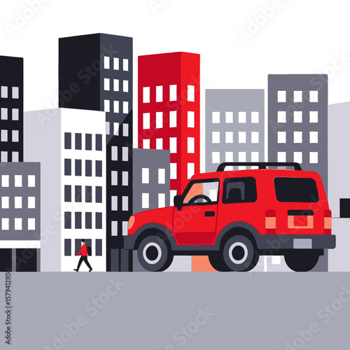 Urban Commute Illustration-Red SUV in Cityscape-Stylized Buildings and Pedestrian-Modern Graphic Art-City Living and Transportation Depiction