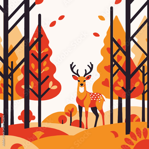 Whimsical Deer in Autumn Forest Illustration-Beautiful Fall Colors-Cute Deer Graphic for Seasonal Designs-Nature Inspired Artwork-Animal and Landscape Composition