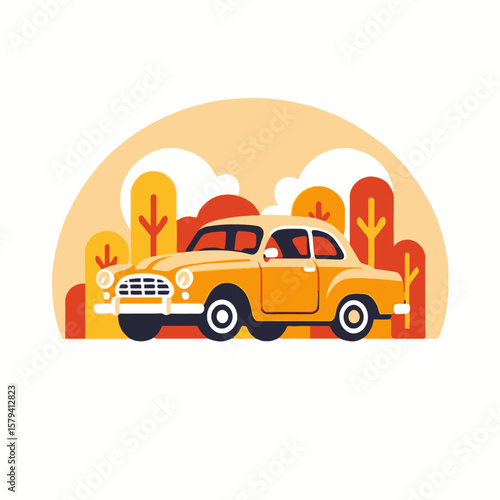Vintage Yellow Car Illustration-Classic Automobile Graphic Design-Retro Vehicle with Fall Foliage-Stylish Transportation Art-Automotive Nostalgia Image
