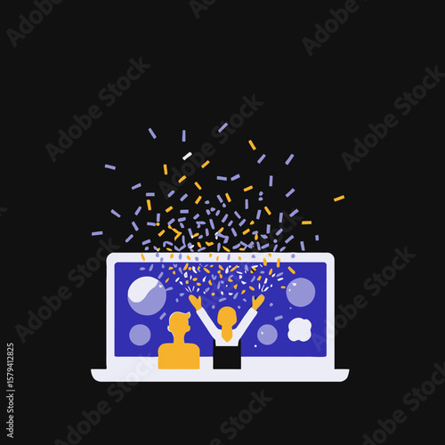 Virtual Celebration Illustration - Online Event Success - Confetti Party on Laptop - Remote Team Achievement - Digital Congrats