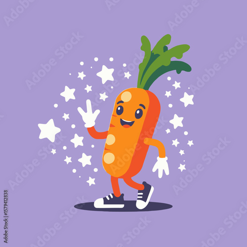 Whimsical Walking Carrot Illustration-Smiling Cartoon Carrot Character with Starry Background-Cute Vegetable Art for Kids-Healthy Food Mascot Design-Fun Carrot Image