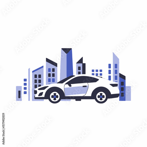 White car in city skyline illustration-Modern transportation concept-Stylish vehicle amidst urban landscape-Perfect for automotive or travel themes