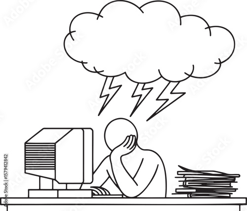 Overwhelmed Worker at Desk Under Storm Cloud Computer Pile of Papers Depicting Stress Frustration Workload and Mental Health Struggles