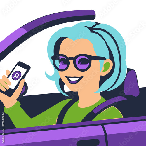 Woman Driver Using Phone in Car-Cartoon Girl with Blue Hair and Sunglasses Texting While Driving-Safe Driving Awareness-Avoid Distracted Driving Campaign