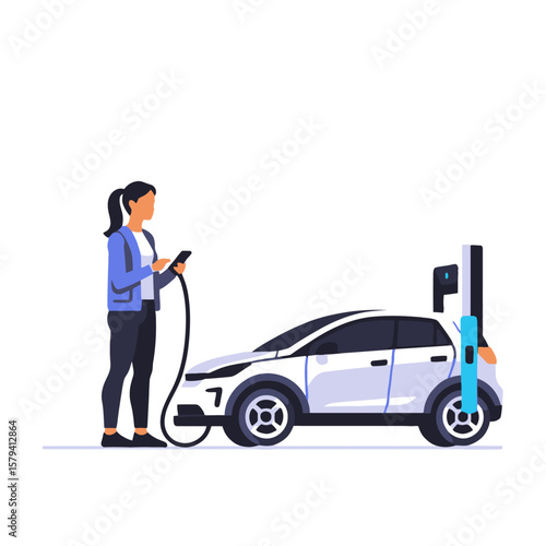 Woman charging electric car-using smartphone at charging station-eco-friendly transportation-sustainable energy-future of mobility-innovative technology