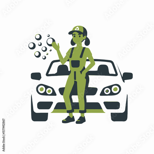 Woman Car Washer Cartoon- Car Wash Service Illustration- Professional Auto Detailing with Bubbles- Vehicle Cleaning and Maintenance Graphics