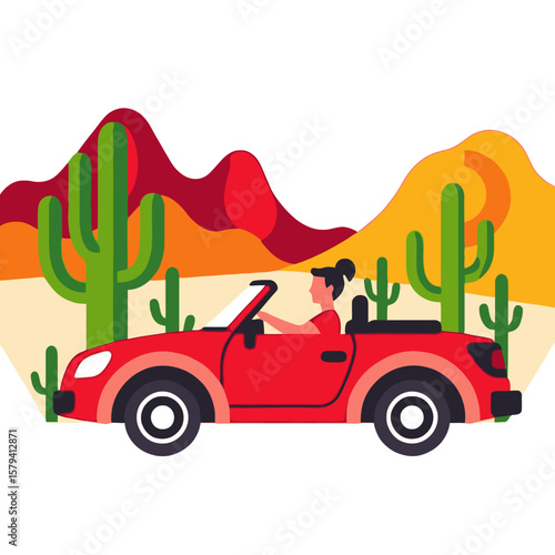 Woman driving a red convertible car in a desert landscape with cacti and mountains-Road trip adventure in a stylish car-Cartoon illustration of summer vacation