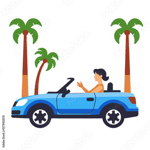 Woman Driving Blue Convertible Car Near Palm Trees- Summer Vacation Road Trip- Enjoying Tropical Scenery in Open Top Vehicle- Relaxing Holiday Getaway