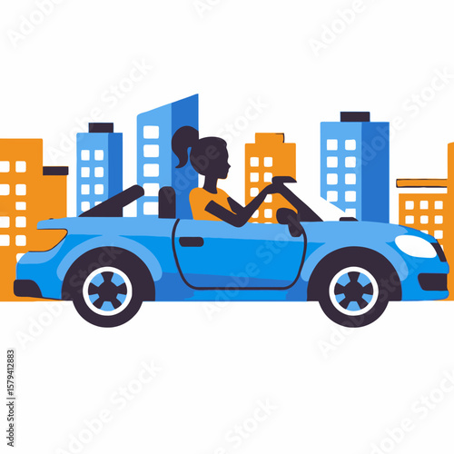 Woman Driving Blue Convertible in City-Road Trip Adventure-Freedom and Mobility-Urban Lifestyle-Automotive Design-Modern Transportation-Car Illustration
