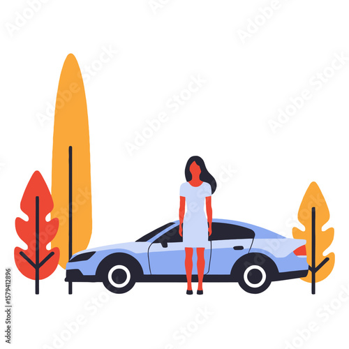 Woman Standing by Blue Car-Modern Transportation Lifestyle-Stylish Car and Driver-Autumn Inspired Colors-Elegant Car Illustration-Automotive Design & Fashion