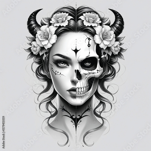 young woman with half a scary skull