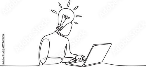 Continuous Line Art Idea Generation Person Working on Laptop with Lightbulb Head Illustrating Creative Innovation and Inspiration