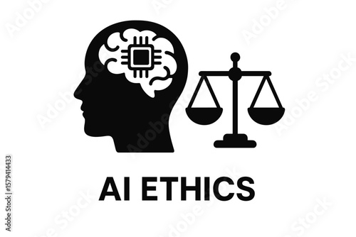 AI ethics and artificial intelligence regulation concept. Human head with brain and chip alongside scales of justice. Metaphor for responsible technology, law and balance.