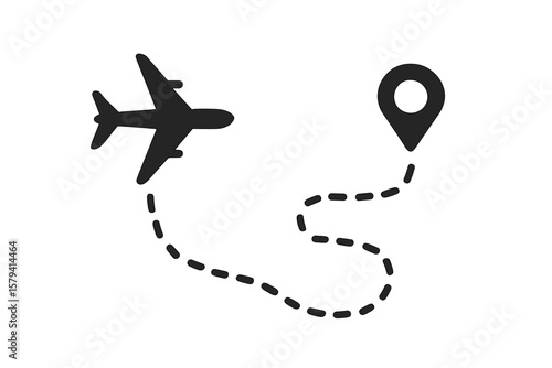 Airplane flight route with start and end point. Travel and tourism concept. Plane icon with dotted line path and map pin destination marker. Journey or vacation transport symbol.