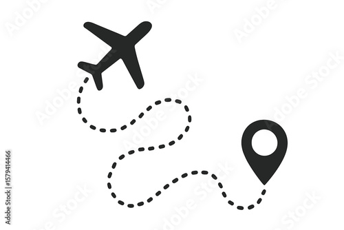 Airplane flight route with start and end point. Travel to destination. Plane trip path with location pin. Tourism and vacation journey concept. Aircraft navigation line.