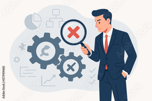 Problem analysis concept. Businessman with magnifying glass finds error in business process. Workflow improvement, project management, system audit, issue solving metaphor.