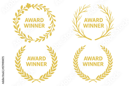 Golden laurel wreath award winner icon set. Floral and branch wreaths for champion victory emblem. First place success and achievement symbol for competition winner logo.