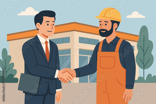 B2B, business to business sale agreement. Enterprise commerce, contractor or supplier trade between company concept. Businessman owner handshake on enterprise shop or factory.