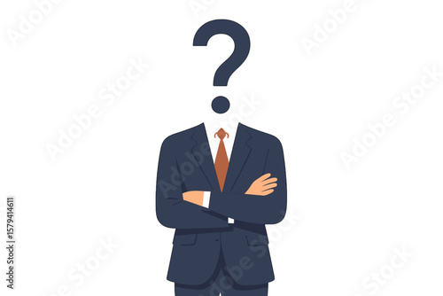 Anonymous businessman with question mark instead of head. Concept of hiring, recruitment, and job vacancy. Searching for a new employee candidate. Unknown person, identity.