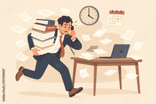 Busy work multitasking employee hurry to finish documents. Deadline schedule concept. Overworked exhausted from overload tasks. Stressful businessman burnout from time pressure.