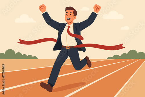 Happy businessman crossing finish line. Winning race celebrating victory. Business success, achievement, leadership concept. Reaching goal, career growth, motivation metaphor.